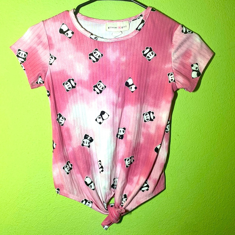 53 🐼Glitter Girl pink and white tie dye size 7/8 panda tee with front tie
